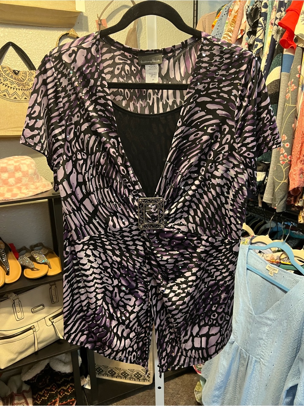 Brittany Black Purple and Black Printed V-Neck Top with Decorative Buckle